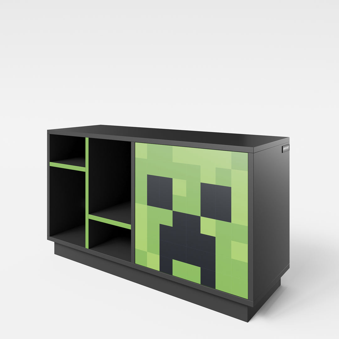 TV-Lowboard 'Minecraft' mit Tür mit Push-Open und 4 offenen Fächern - Schwarz / Grün – Produktbild (3/6)
