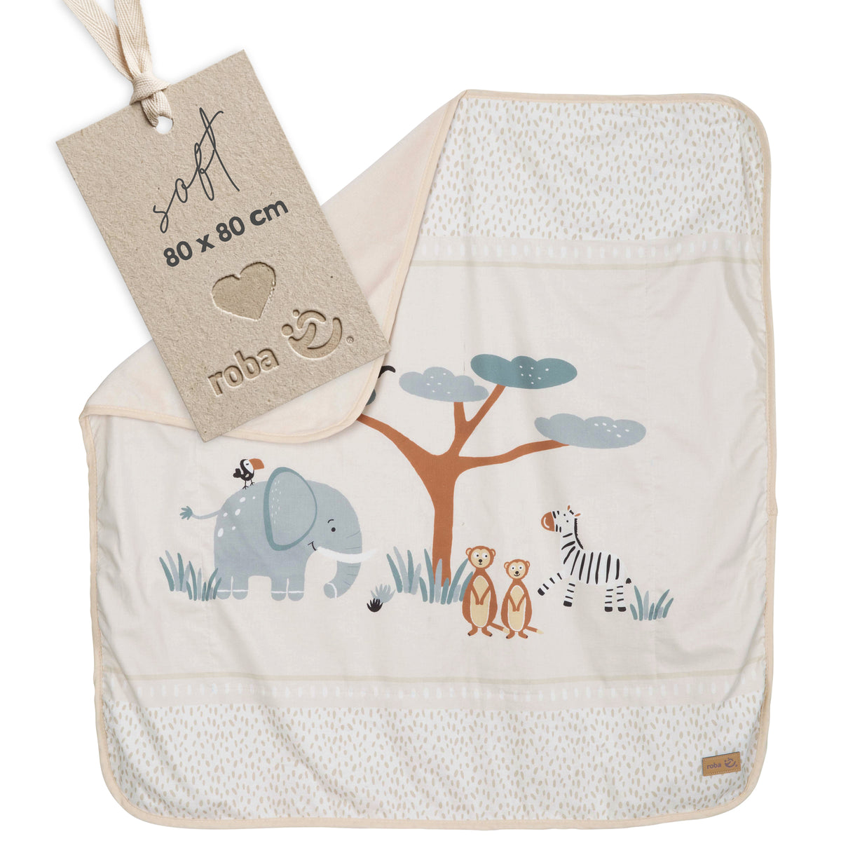 Copertina per neonati "Savanna Friends" 80 x 80 cm piegata con etichetta a sospensione – scena di savana ricamata con elefante, albero, zebra e suricato su tessuto beige a pois