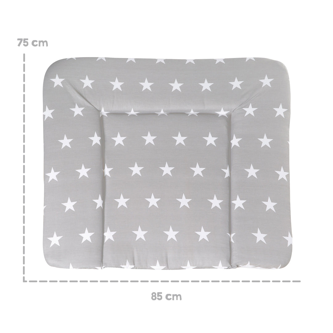 Maßgrafik der Wickelauflage 'Little Stars': 75 cm Tiefe, 85 cm Breite, graues Sternenmuster