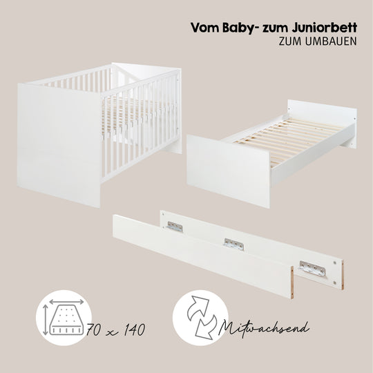 Kinderzimmerset 'Maren' 3-teilig - Bett 70x140 + Wickelkommode schmal + Kleiderschrank 3-türig – Infografik (13/16)