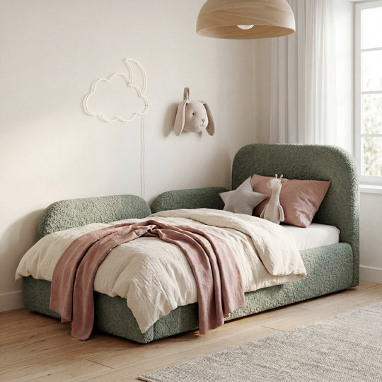 Green bouclé children's bed with fall protection, bunny head wall decoration and cloud light in the room. Fully AI-generated.