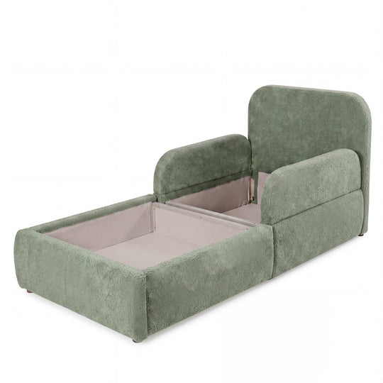 Opened green bouclé children's bed with visible storage box, cut-out image.