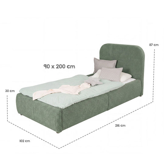 Dimension graphic of the green children's bed: sleeping surface 90×200 cm, overall dimensions 216×102×87 cm, storage box 30 cm.