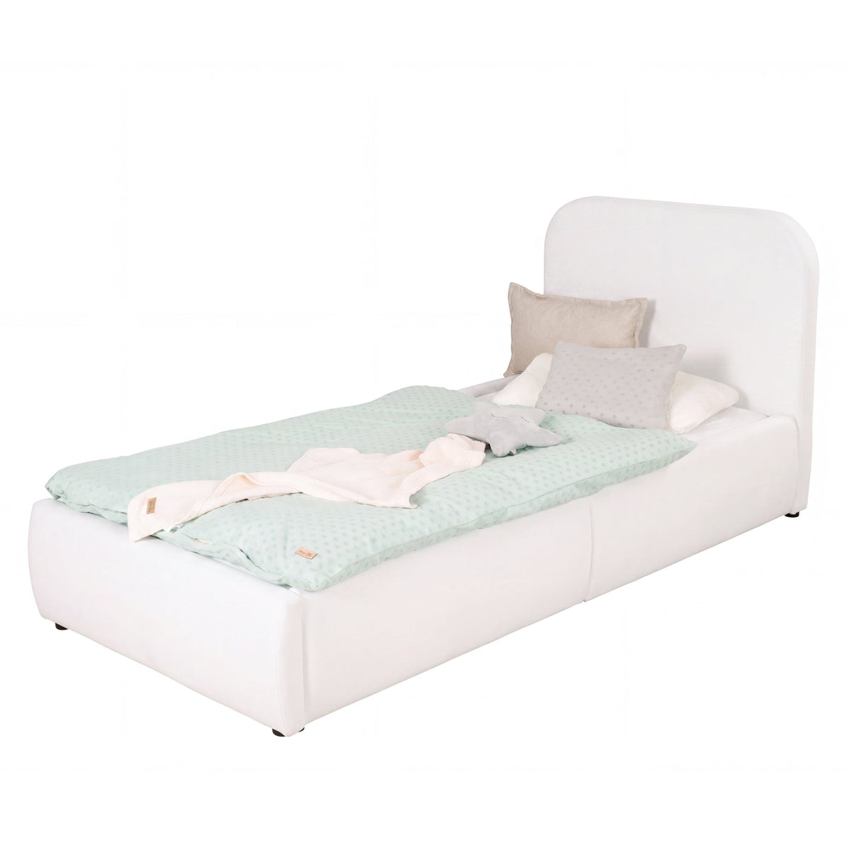 White bouclé children's bed with fall protection and mint bed linen, cut-out image.