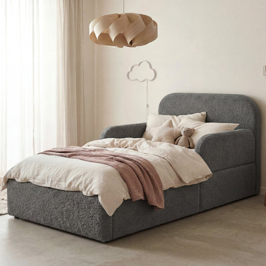 Grey bouclé bed with wooden pendant lamp and cloud wall light in the room. Fully AI-generated.