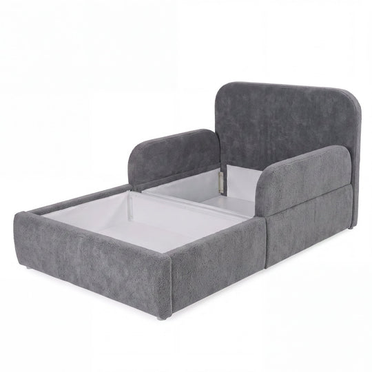 Opened grey bouclé bed with visible storage box, cut-out image. Fully AI-generated.