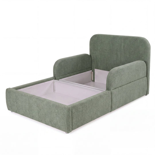Green roba Little Dream children's bed with opened storage box and storage space under the sleeping surface. Partially AI-generated.