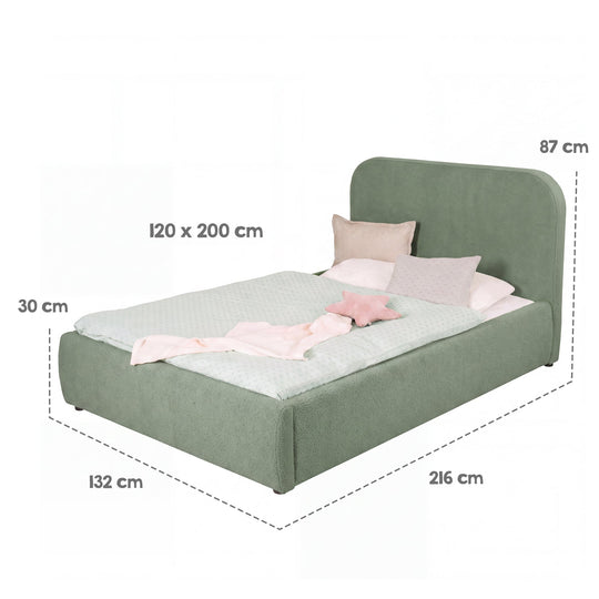 Dimension graphic of the roba Little Dream children's bed: sleeping surface 120x200 cm, width 132 cm, length 216 cm, height 87 cm. Partially AI-generated.