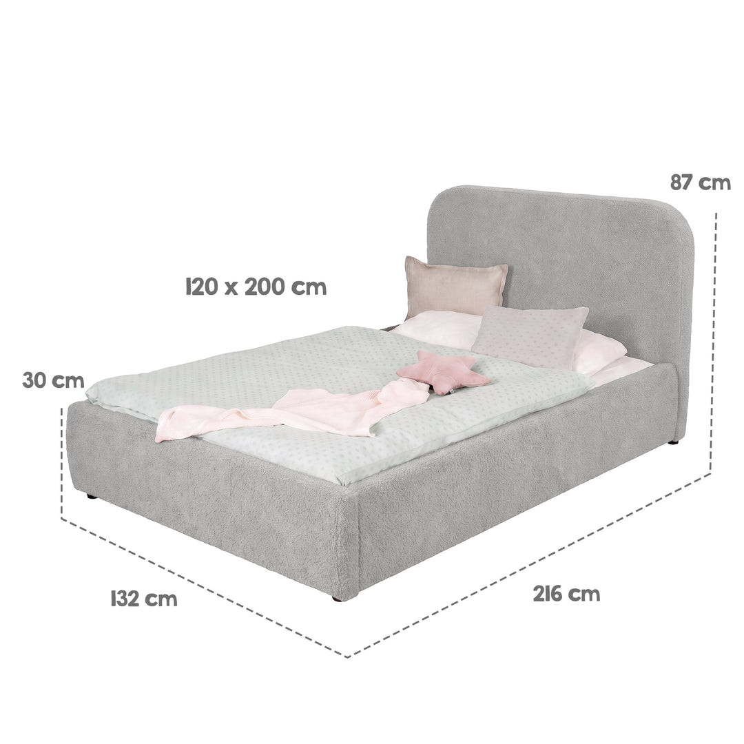 Gráfico de medidas de la cama infantil roba Little Dream: superficie de descanso 120x200 cm, ancho 132 cm, largo 216 cm, alto 87 cm. Generada parcialmente con IA.