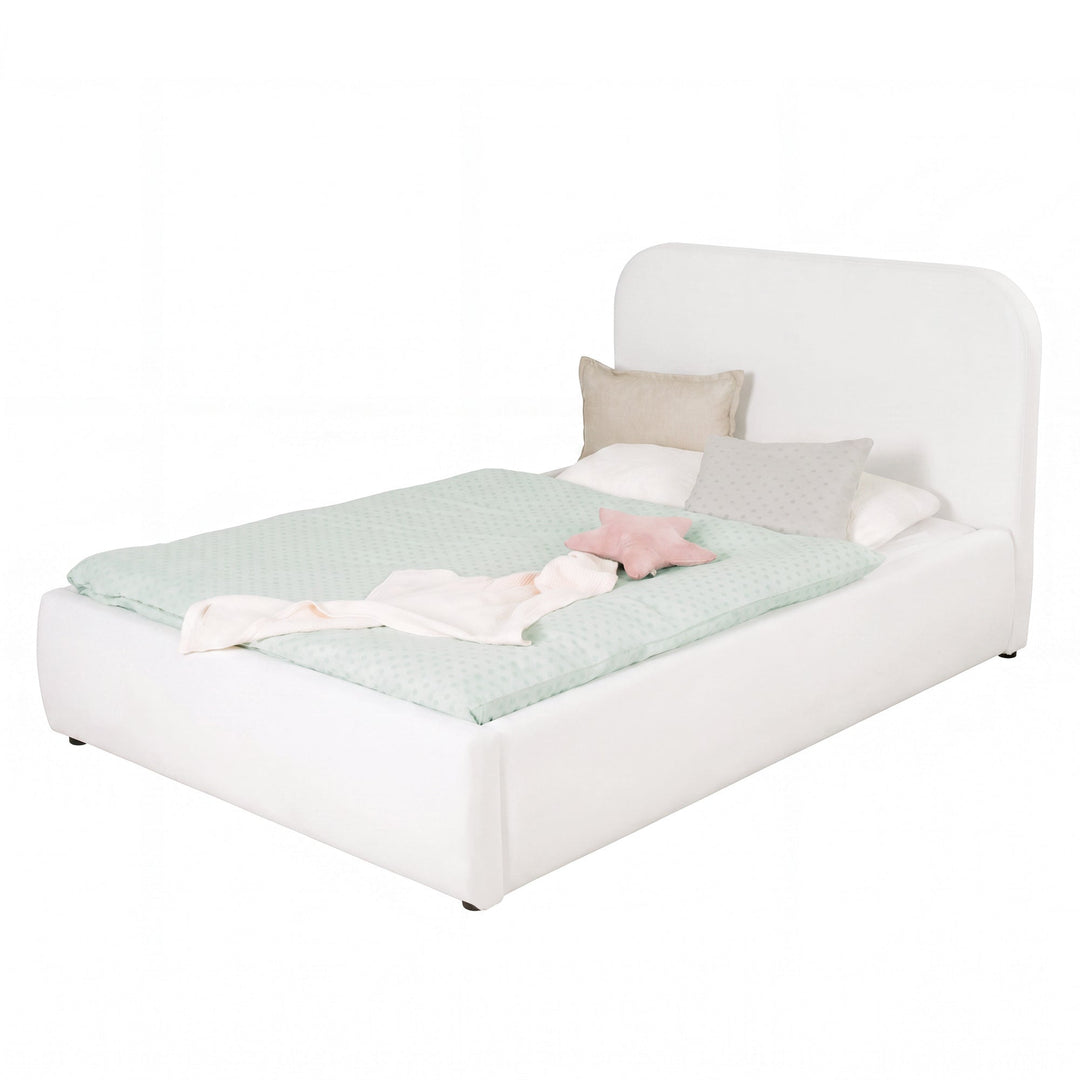 White bouclé bed 120x200 cm with mint bed linen, cut-out image.
