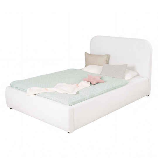 White bouclé bed 120x200 cm with mint bed linen, cut-out image.