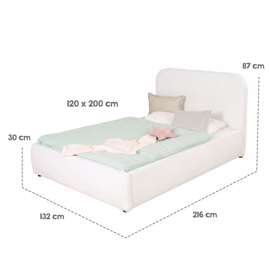 Dimension graphic of the white bed: sleeping surface 120×200 cm, overall dimensions 216×132×87 cm, storage box 30 cm.