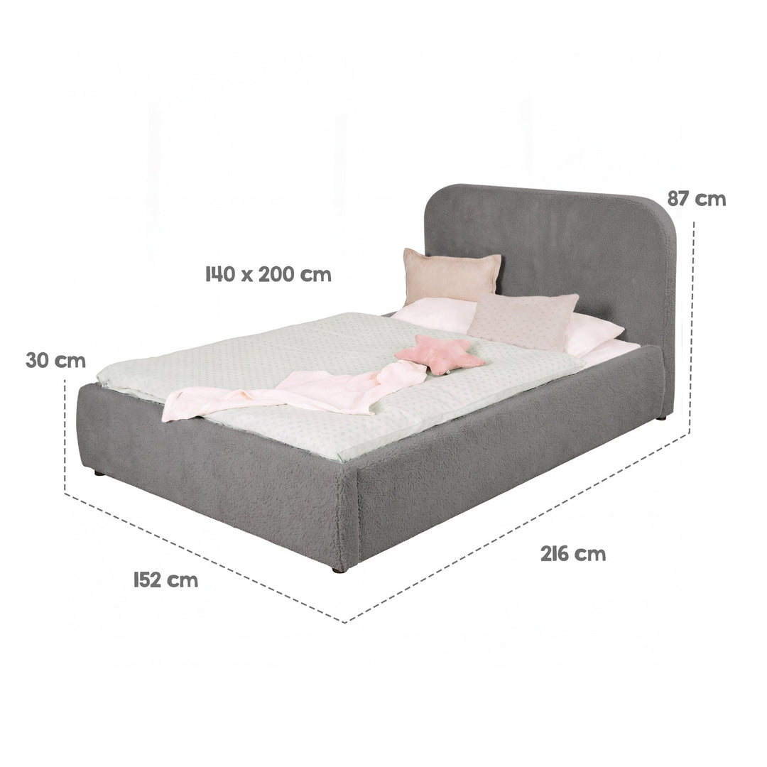 Gráfico de medidas de la cama infantil roba Little Dream: superficie de descanso 140x200 cm, ancho 152 cm, largo 216 cm, alto 87 cm. Generada parcialmente con IA.