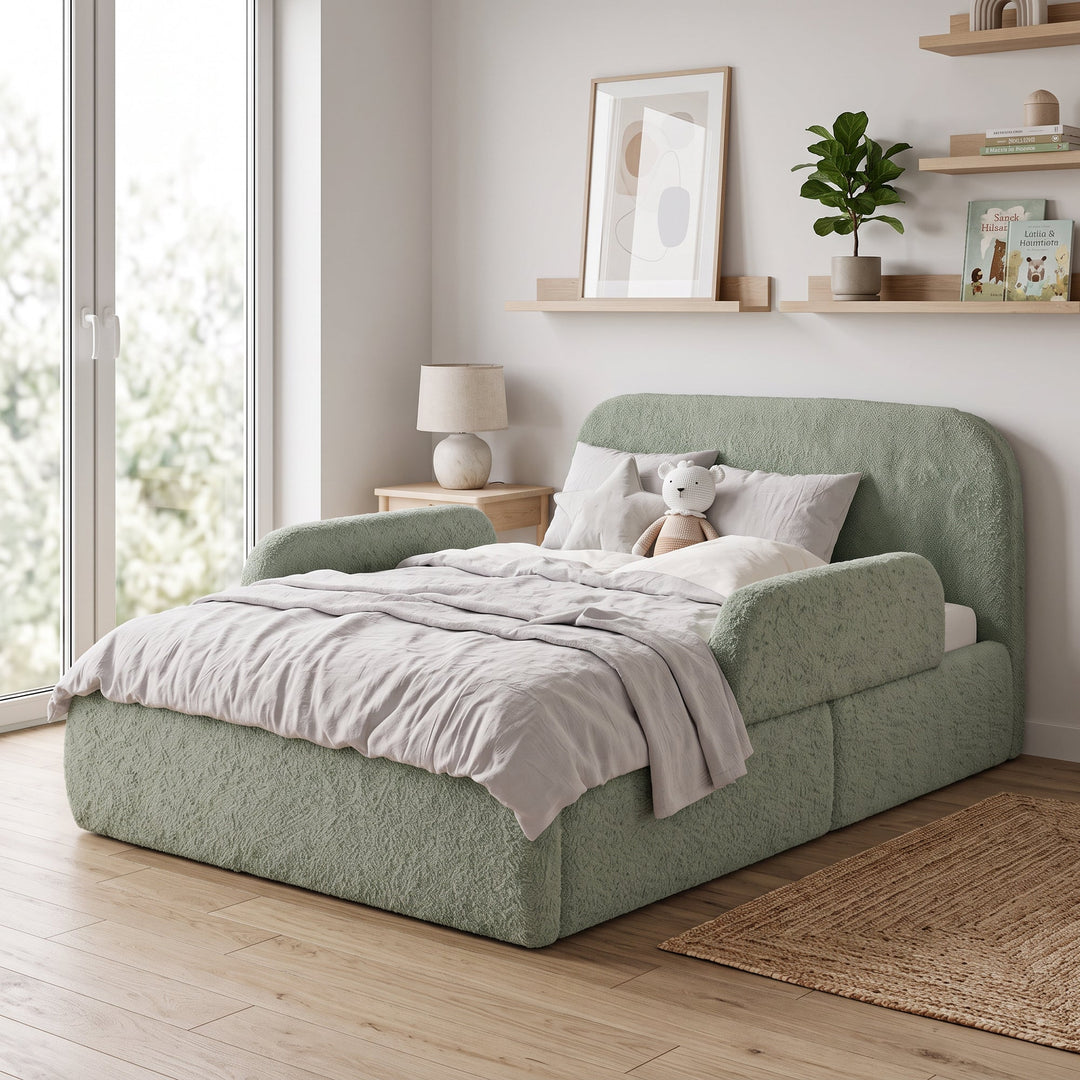 Sage green roba Little Dream children's bed in a bright children's room with wall shelf, art print and plant. Partially AI-generated.