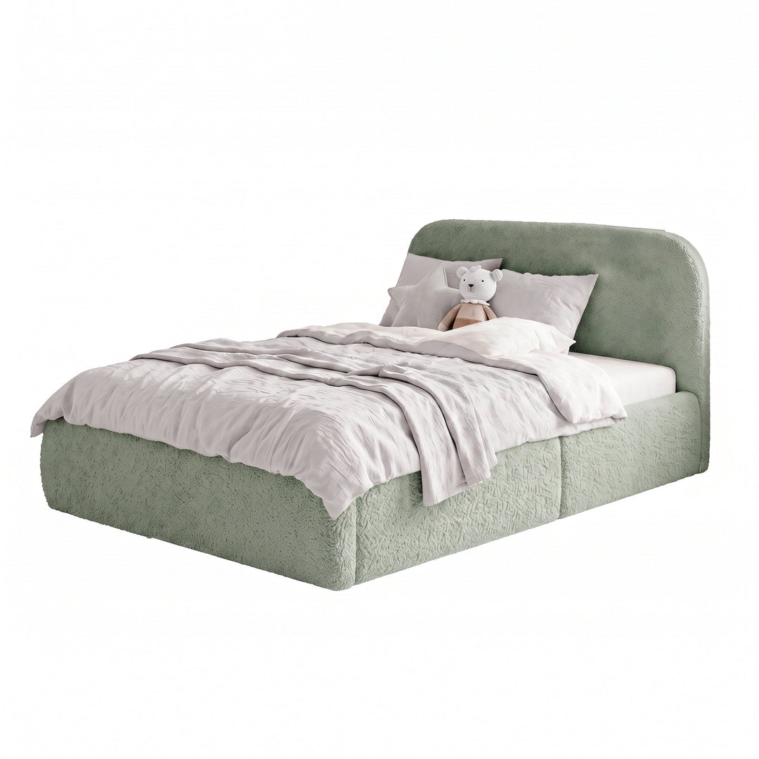 Sage green roba Little Dream children's bed with side guard, light grey bed linen and cuddly toy. Partially AI-generated.