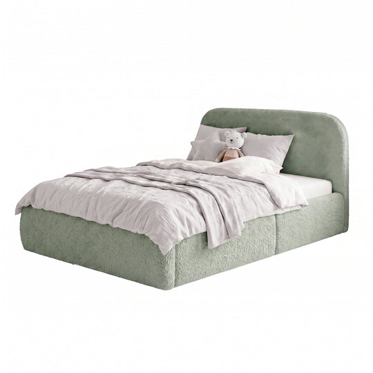 Sage green roba Little Dream children's bed with side guard, light grey bed linen and cuddly toy. Partially AI-generated.