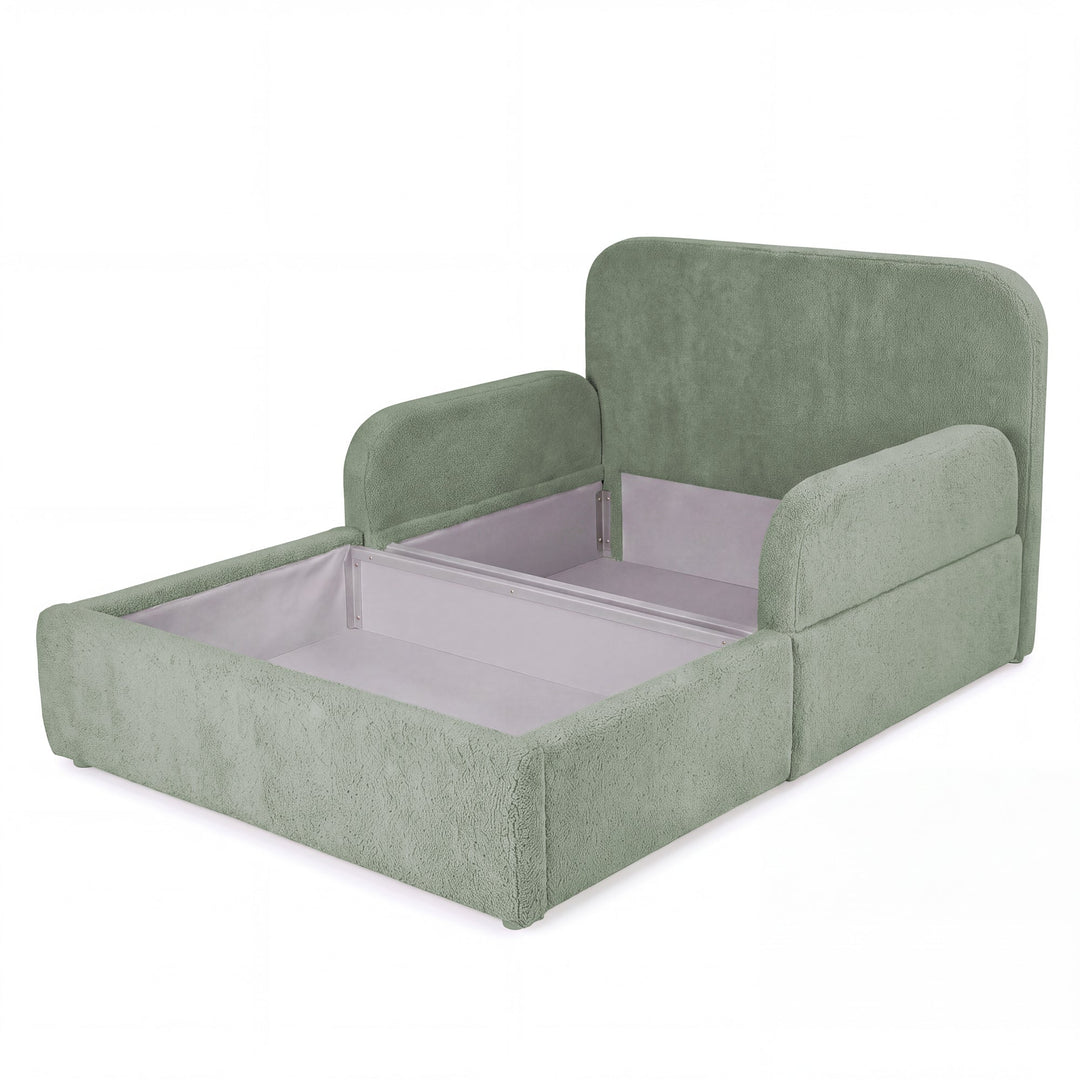 Sage green roba Little Dream children's bed with opened storage box and storage space under the sleeping surface. Partially AI-generated.