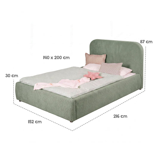 Dimension graphic of the roba Little Dream children's bed: sleeping surface 140x200 cm, width 152 cm, length 216 cm, height 87 cm. Partially AI-generated.