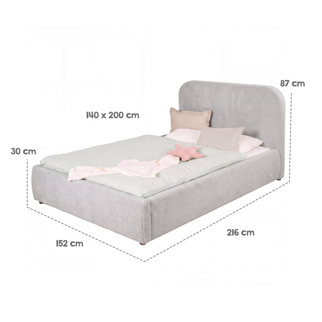 Gráfico de medidas de la cama infantil roba Little Dream: superficie de descanso 140x200 cm, ancho 152 cm, largo 216 cm, alto 87 cm. Generada parcialmente con IA.