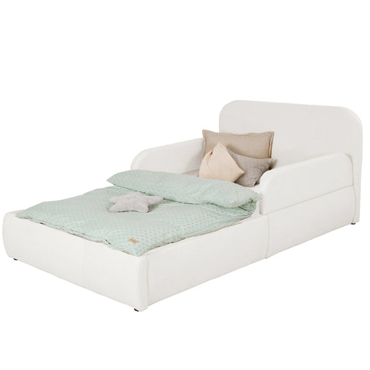 White roba Little Dream children's bed with headboard and side guards, made up with bed linen and pillows. Partially AI-generated.