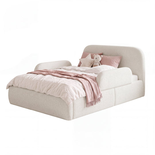 White roba Little Dream children's bed with side guard, white bed linen and cuddly toy. Partially AI-generated.