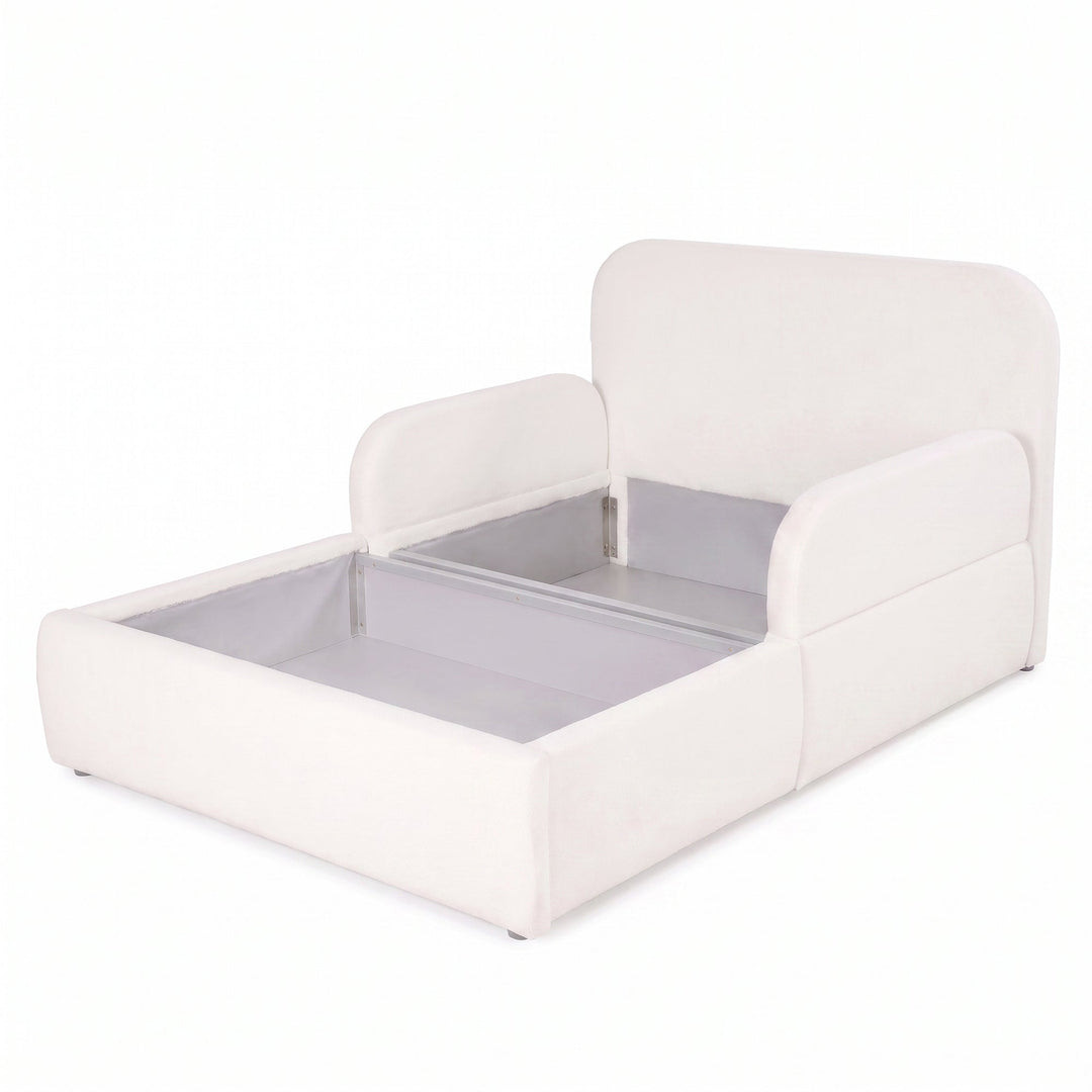 White roba Little Dream children's bed with opened storage box and storage space under the sleeping surface. Partially AI-generated.
