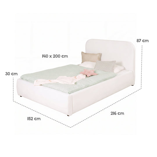 Dimension graphic of the roba Little Dream children's bed: sleeping surface 140x200 cm, width 152 cm, length 216 cm, height 87 cm. Partially AI-generated.
