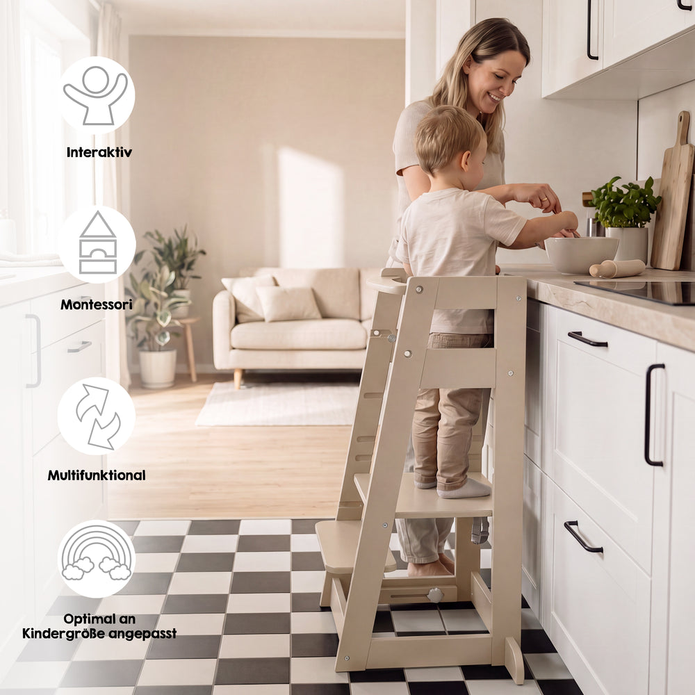 Lifestyle image with icons 'Interactive, Montessori, Multifunctional, Optimally adapted to child height': Mother and toddler stir together in a bowl, the child stands in the Cashmere-coloured learning tower at the kitchen counter.