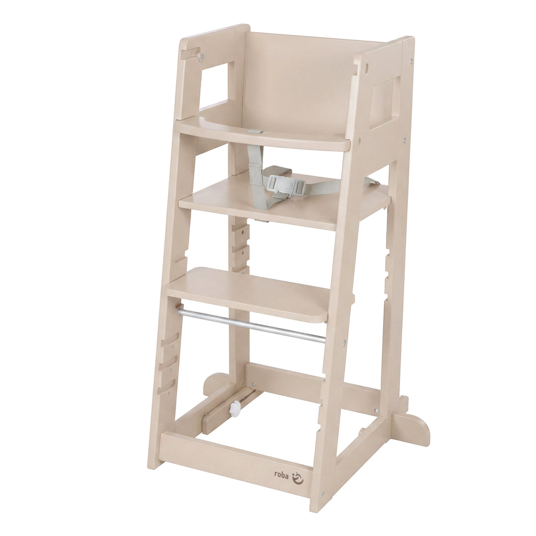 Product shot of the 'Sit & Step' learning tower in Cashmere in standing configuration against a white background.
