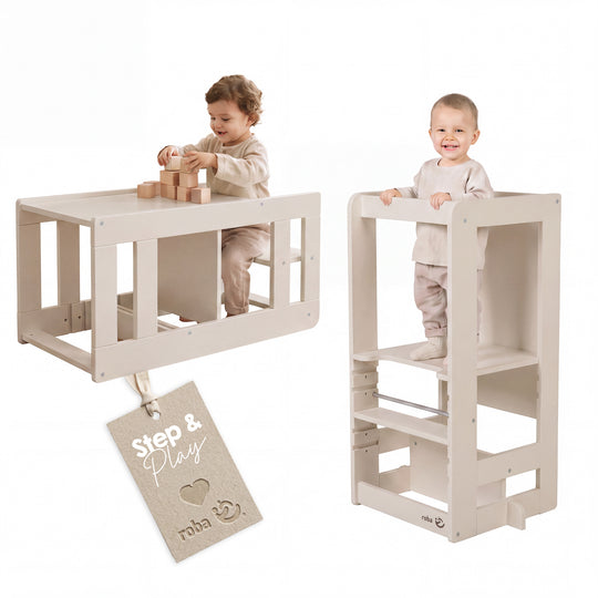 Two views of the roba learning tower 'Step & Play' in Cashmere: on the left a toddler at the converted seating set with wooden building blocks, on the right a laughing toddler in the learning tower; with hang tag 'Step & Play'.
