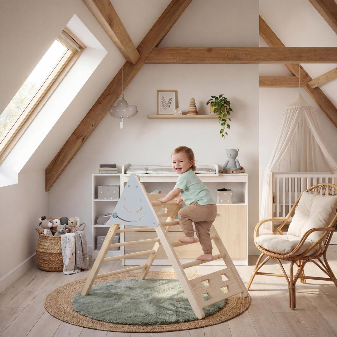 Lifestyle-Bild: Barfüßiges Kleinkind in mintgrünem Shirt klettert lachend auf dem Kletterdreieck aus Massivholz in einem hellen Dachzimmer mit Holzbalken, Wickelkommode, Babybett mit Himmelbett-Baldachin und grünem Rundteppich.