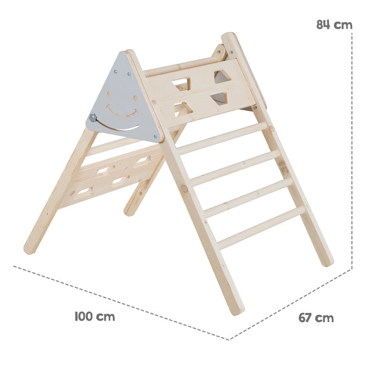 Maßgrafik des klappbaren Kletterdreiecks aus Massivholz: Höhe 84 cm, Breite 100 cm, Tiefe 67 cm.