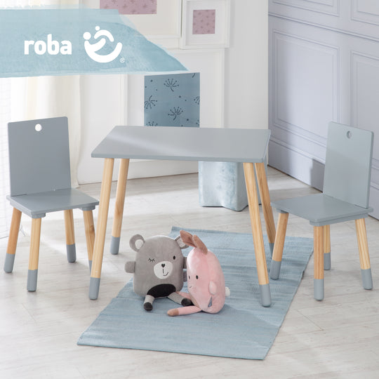 Kindersitzgruppe, Kindermöbel Set, 2 Kinderstühle & 1 Tisch, Sitzgarnitur Holz, grau lackiert – Infografik (9/10)