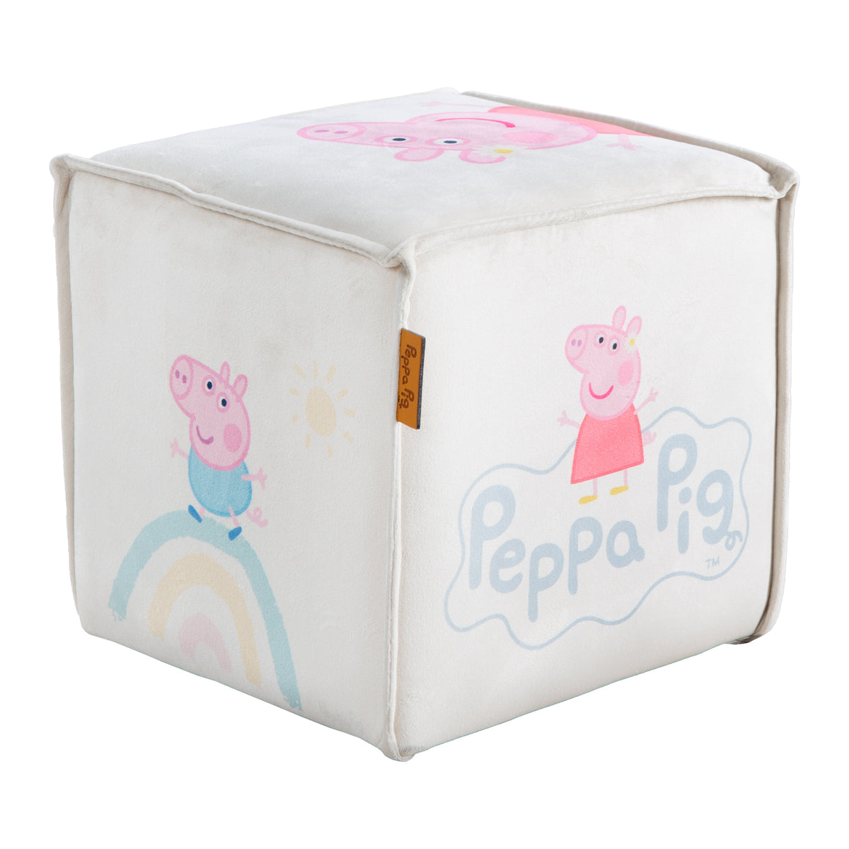 Taburete infantil 'Peppa Pig' en forma de cubo - Funda de terciopelo en beige + peppa print – Recorte (1/7)