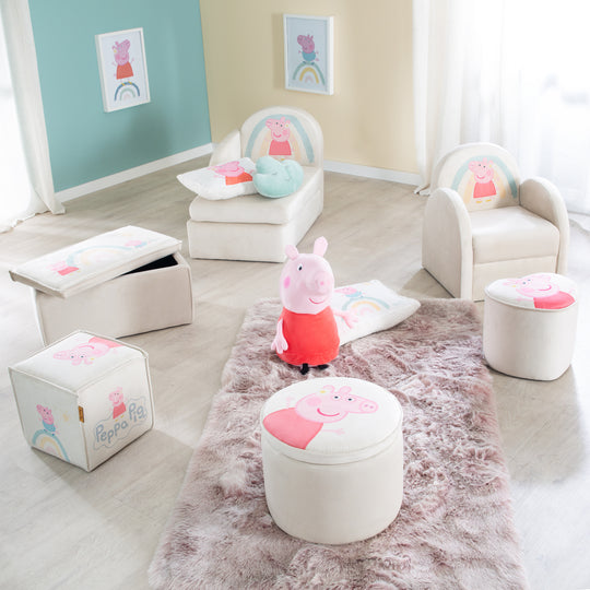Tabouret enfant 'Peppa Pig' en forme de cube - Housse en velours en beige + peppa print – Photo d'ambiance (4/7)