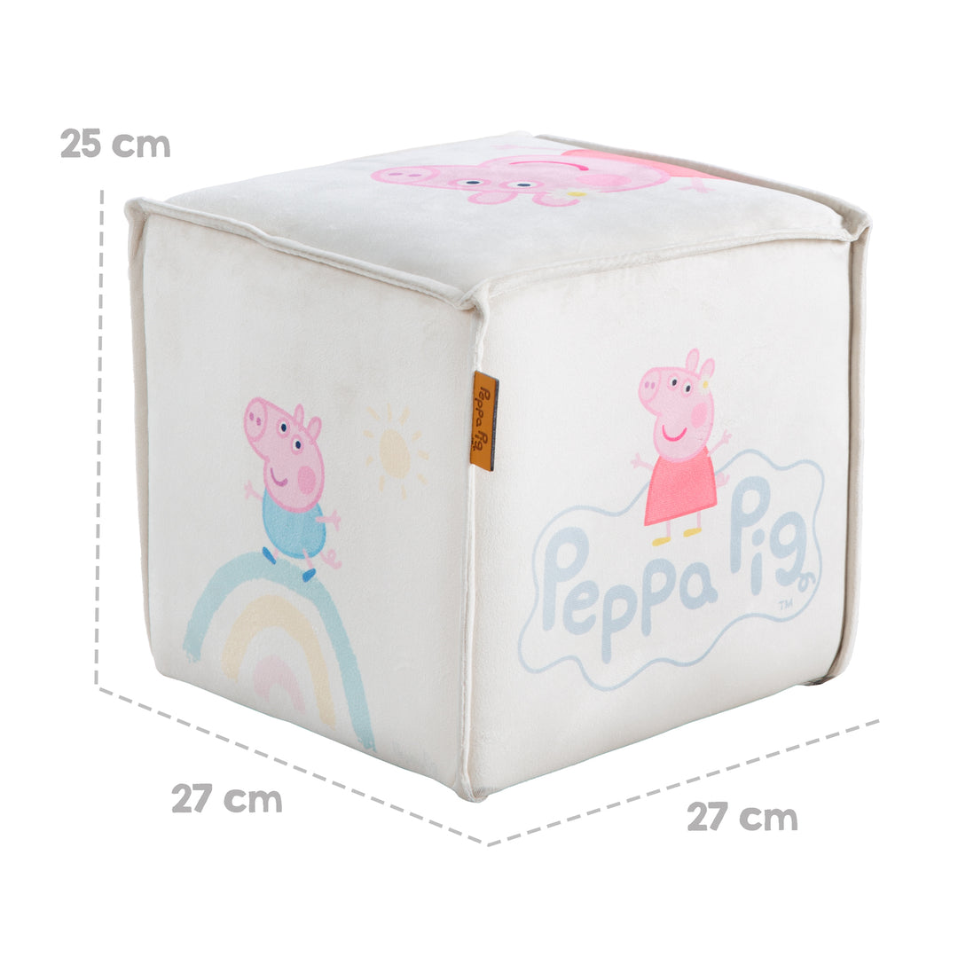 Tabouret enfant 'Peppa Pig' en forme de cube - Housse en velours en beige + peppa print – Infographie (3/7)
