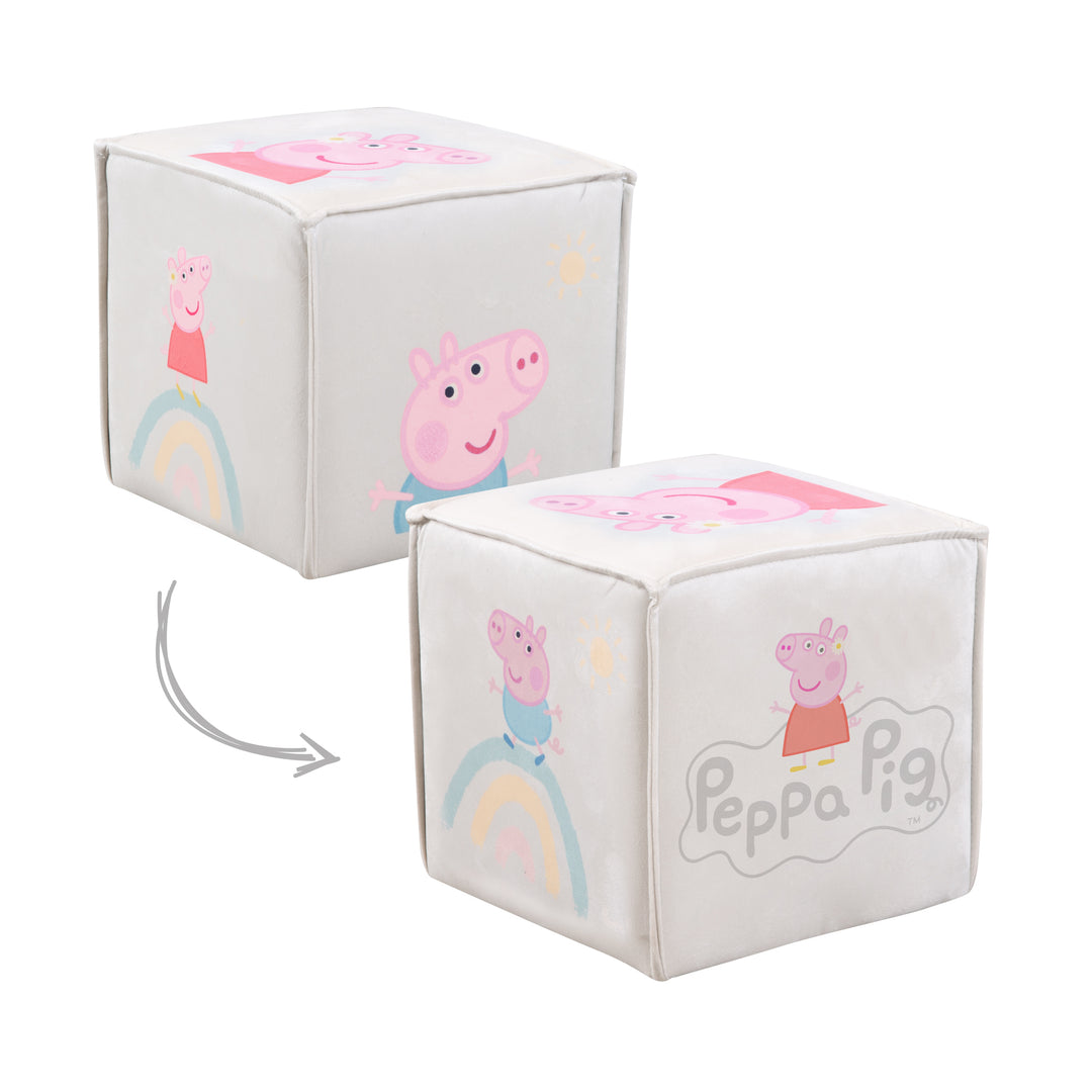 Tabouret enfant 'Peppa Pig' en forme de cube - Housse en velours en beige + peppa print – Infographie (6/7)