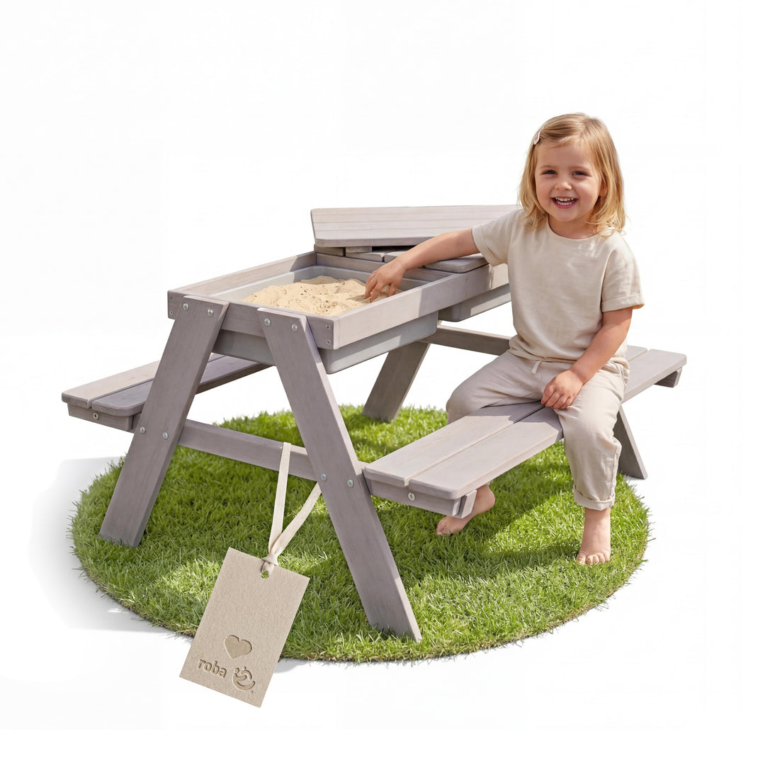 Set de mesa y sillas infantil 'Play' con bandejas de juego, resistente a la intemperie madera maciza, set de mesa y sillas & mesa de barro - Gris – Foto del producto (1/13)