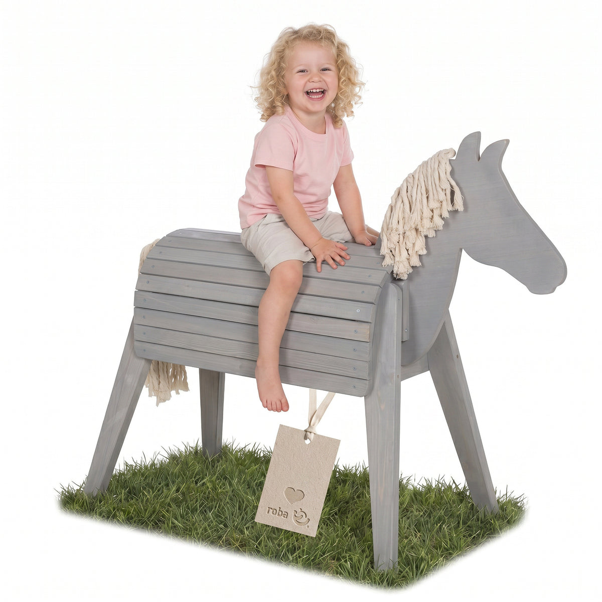 Voltigier- & Outdoorpferd mit Mähne & Schweif - Massivholz grau – Produktbild (1/8)