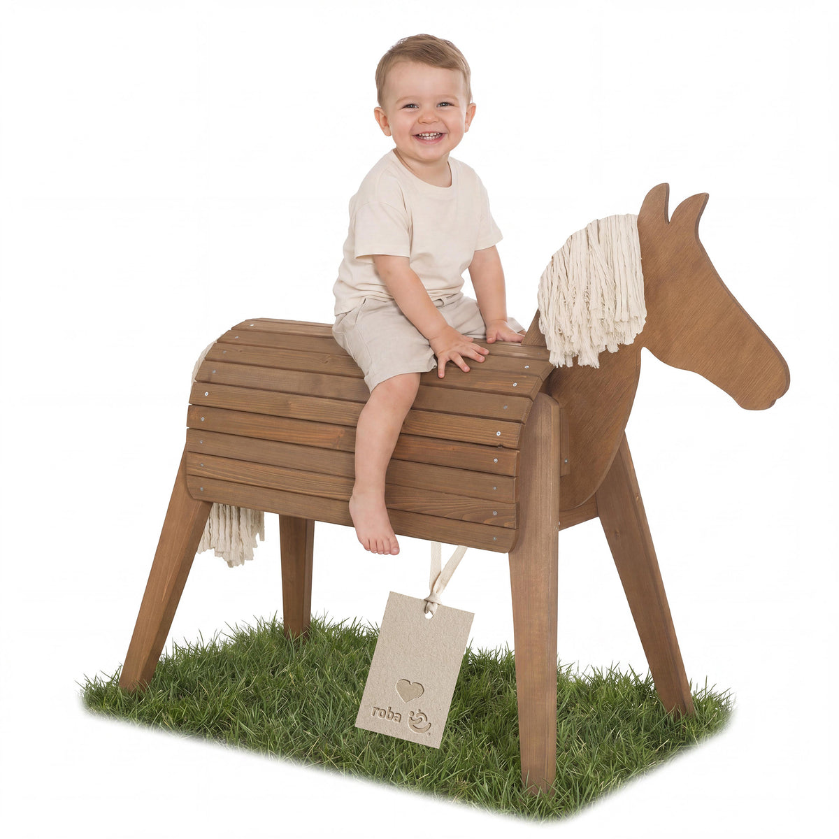 Voltigier- & Outdoor-Pferd mit Mähne & Schweif - Massivholz teakfarben – Produktbild (1/8)