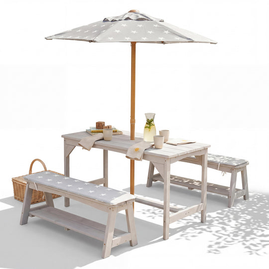 Ensemble table et chaises outdoor+ 1 table, 2 bancs, parasol & coussins d'assise 'Little Stars' - Gris – Détourage (5/16)