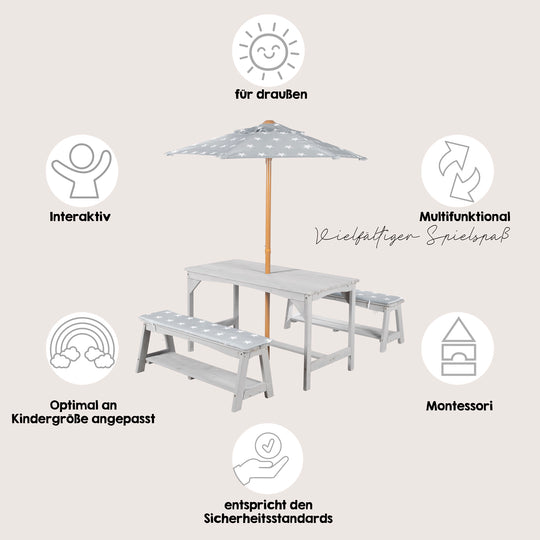 Ensemble table et chaises outdoor+ 1 table, 2 bancs, parasol & coussins d'assise 'Little Stars' - Gris – Infographie (3/16)