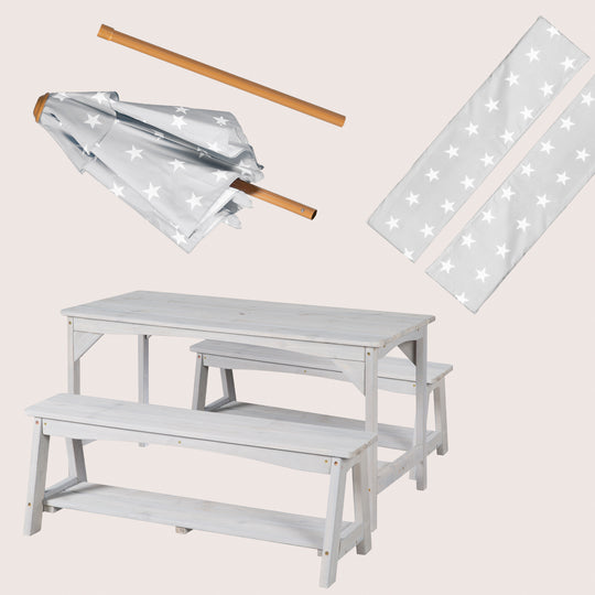 Ensemble table et chaises outdoor+ 1 table, 2 bancs, parasol & coussins d'assise 'Little Stars' - Gris – Infographie (4/16)