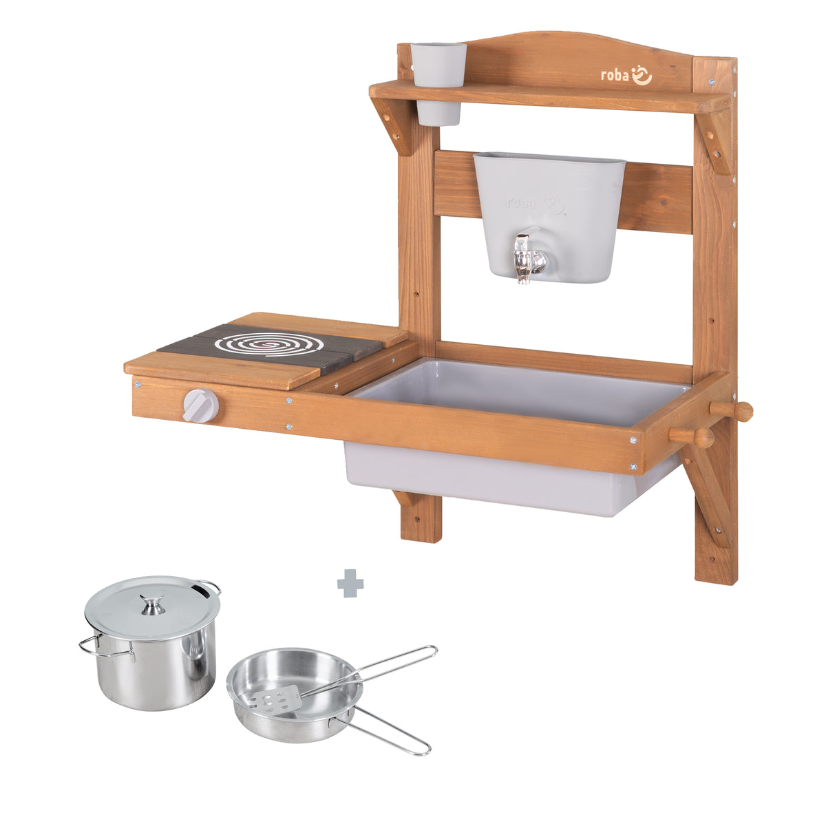 Mud Kitchen for Hanging incl. Accessories - FSC-Certified Wood - Teak-Coloured – Cutout (1/9)