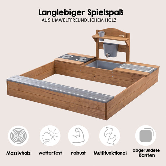 FSC-zertifizierter Sandkasten mit Matschküche - Massivholz teakfarben lasiert – Infografik (3/10)