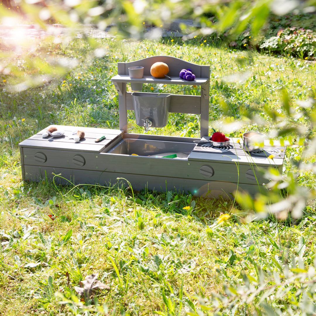 2in1 bac à sable de balcon & cuisine d'extérieur - Certifié FSC® - Bois massif lasuré gris – Photo d'ambiance (11/15)