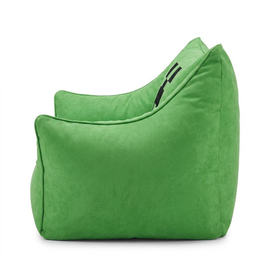 Grüner Sitzsack-Sessel in Seitenansicht ohne Tasche, Armlehne und Rückenlehne im Profil, vor weißem Hintergrund.