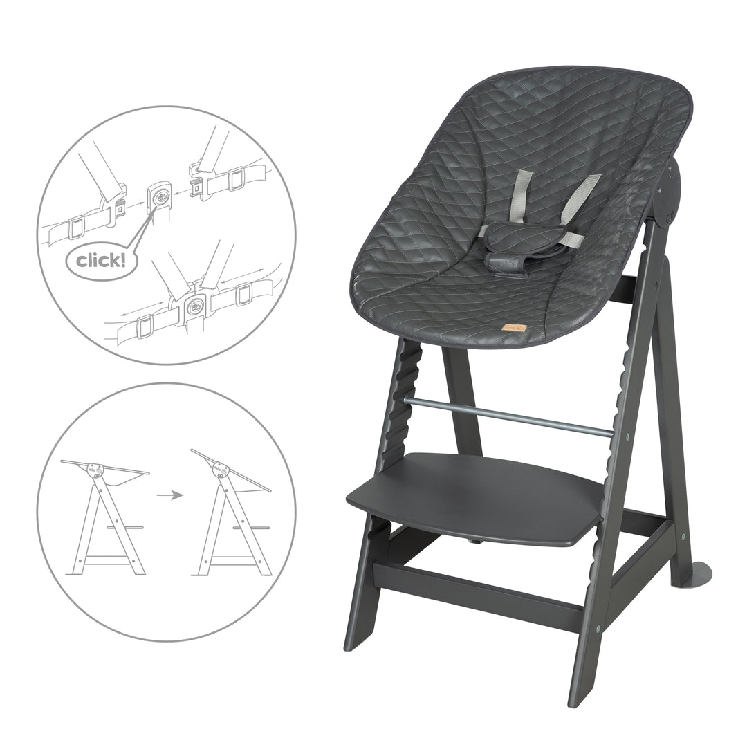 Hochstuhl Set 2in1 'Born Up' - Treppenhochstuhl 'Sit Up' + Aufsatz 'Graphite gesteppt' - Anthrazit – Infografik (13/15)