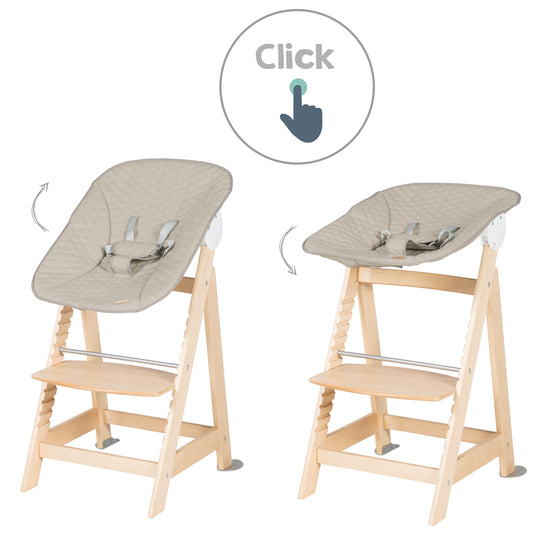 Hochstuhl Set 2in1 'Born Up' - Treppenhochstuhl 'Sit Up' + Aufsatz 'Greyish gesteppt - Natur – Infografik (12/25)