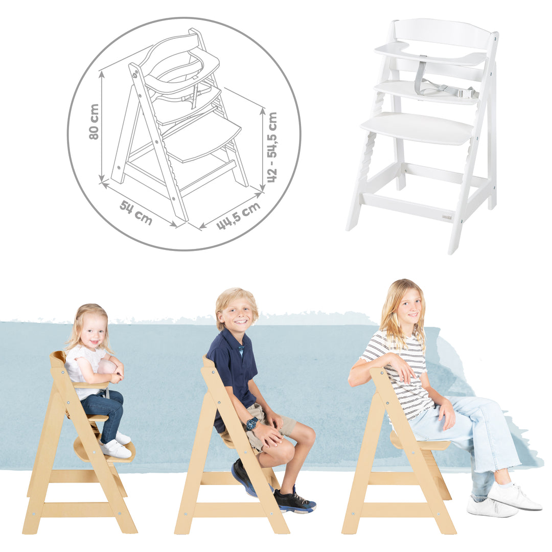 Hochstuhl Set 2in1 'Born Up' - Treppenhochstuhl 'Sit Up' + Aufsatz 'Greyish gesteppt' - Weiß – Infografik (10/16)